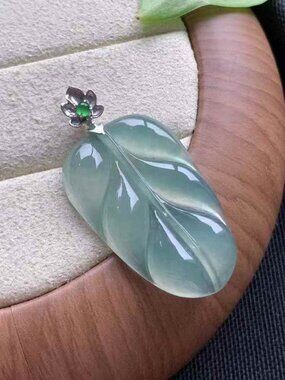18k Gold Bail ,Untreated Natural Icy Jadeite Clear Base Leaf Pendant Cerified